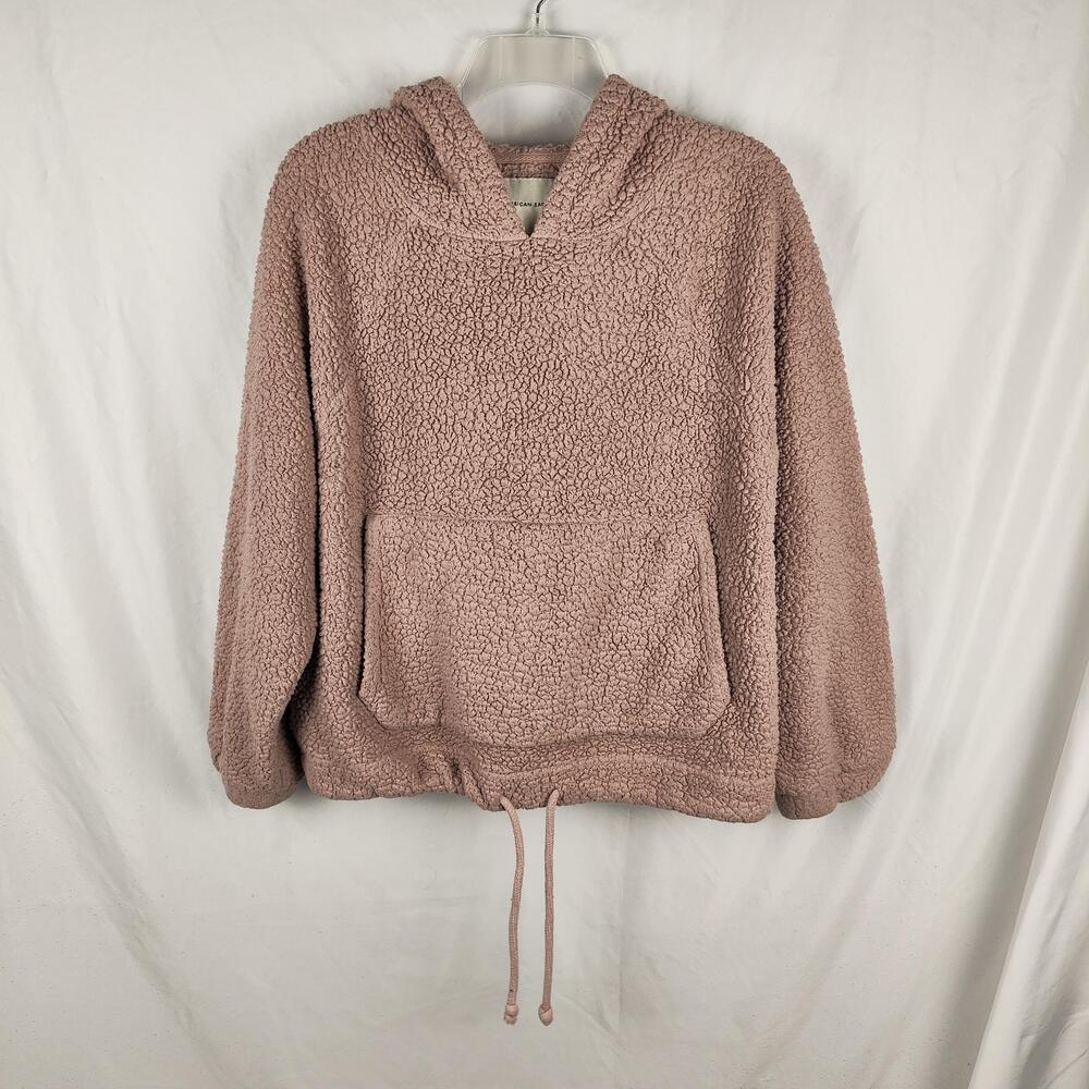 American Eagle Hoodie Womens Small Pink Sherpa Fleece Kangaroo Pocket Pullover